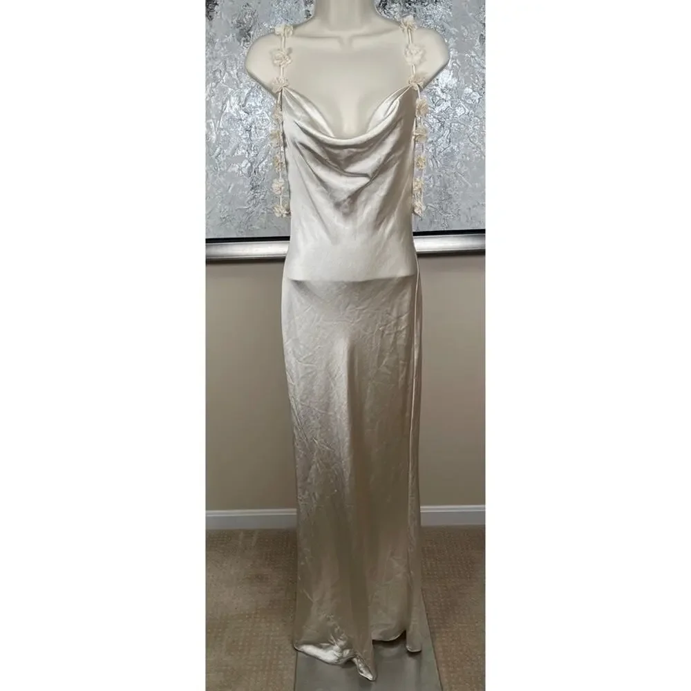 SELF-PORTRAIT Satin Flower Floral Champagne Off the Shoulder Maxi Dress Size 2 - Picture 4 of 13